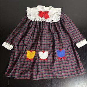 Vintage 80s BONNIE JEAN Girls Size 6 Multicolor Plaid Dress Flowers High Neck